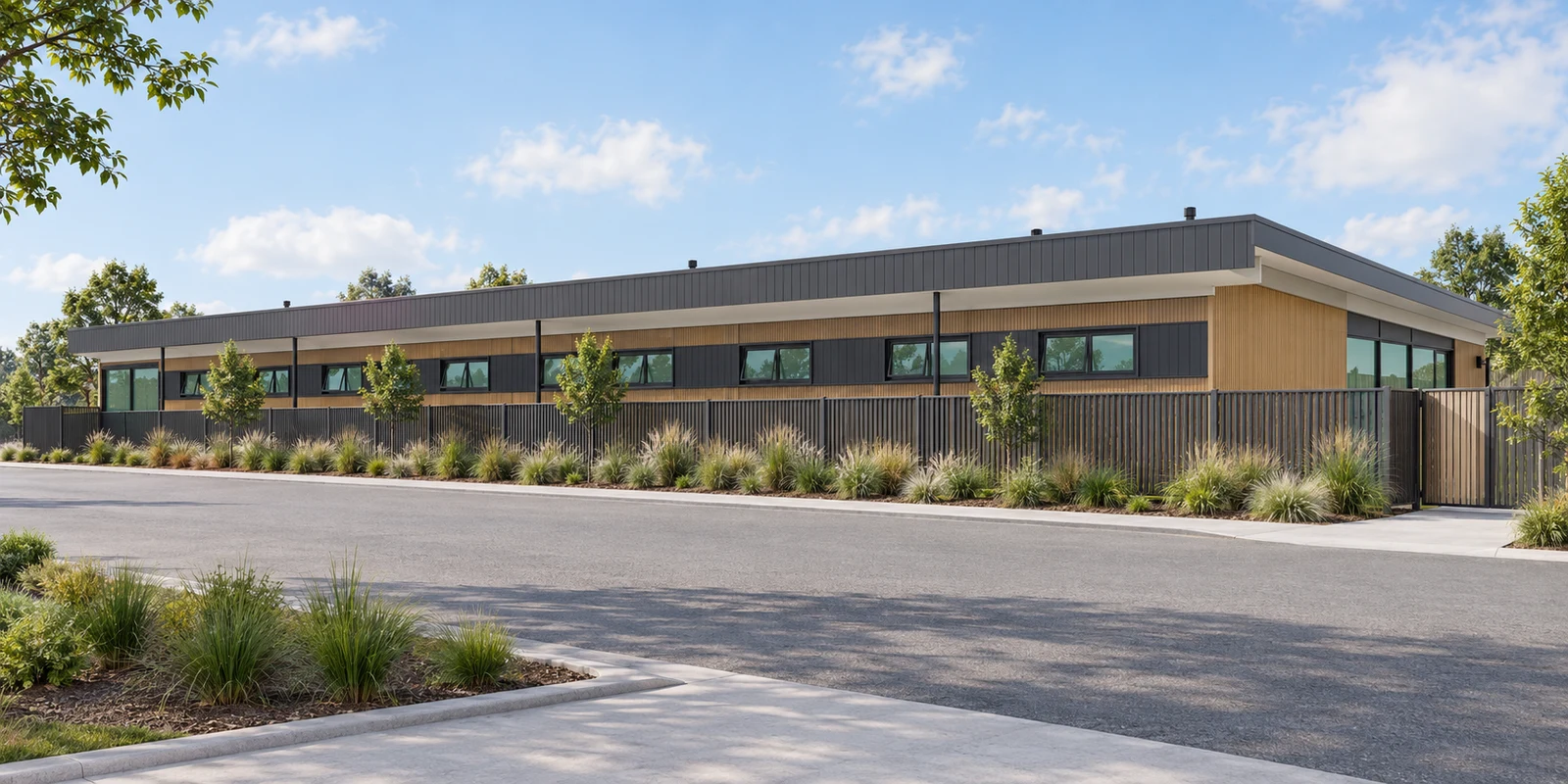 Artist’s impression of the completed Te Rā Fields centre, with timber-look cladding, a low roof and landscaped frontage.